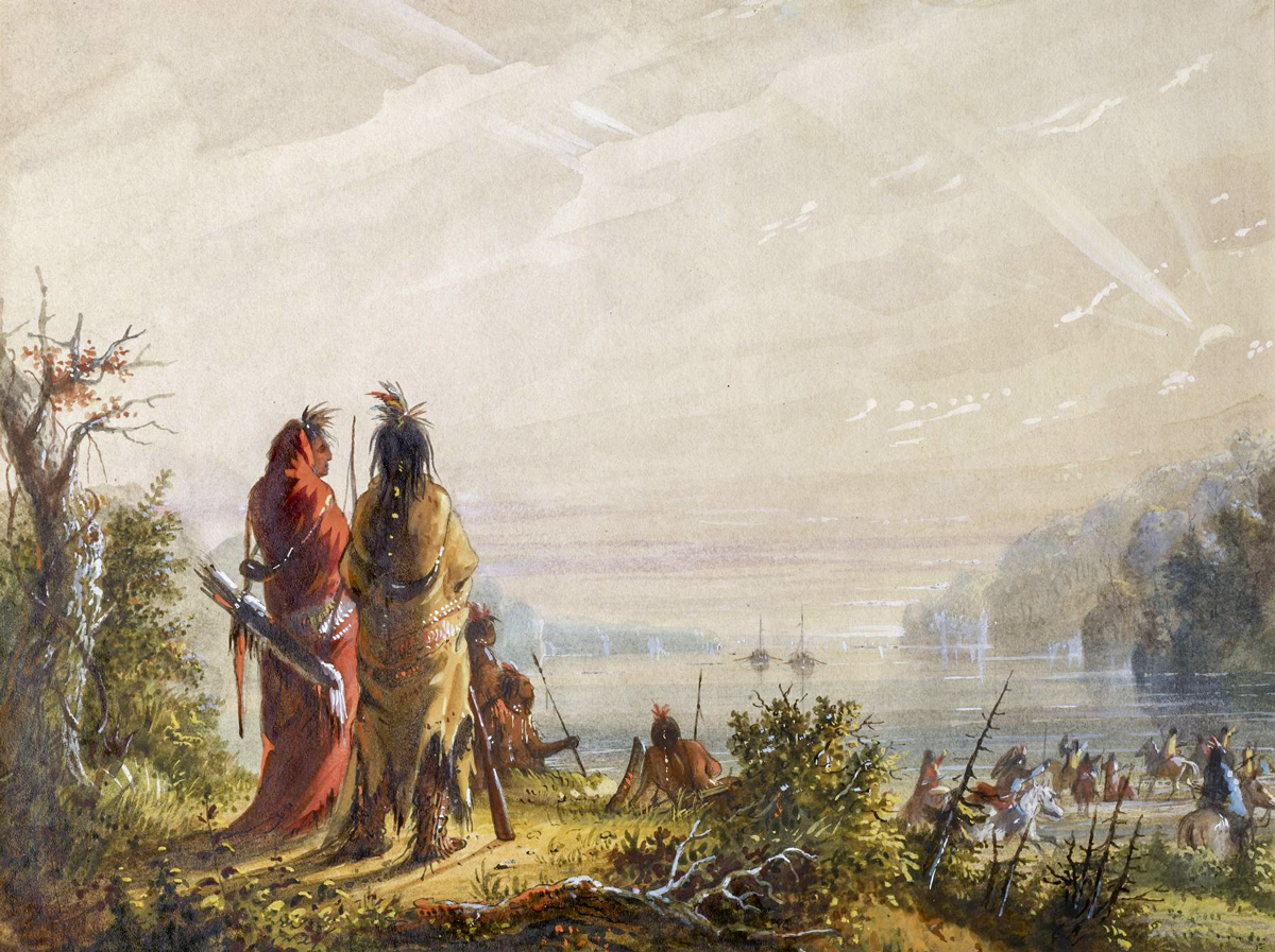 Miller's landscape showing an Indian tribe watching the arrival of two fur trade boats