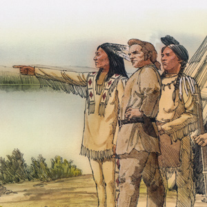 From an island on the Columbia, Indians show William Clark where the mouth of the Yakima River is